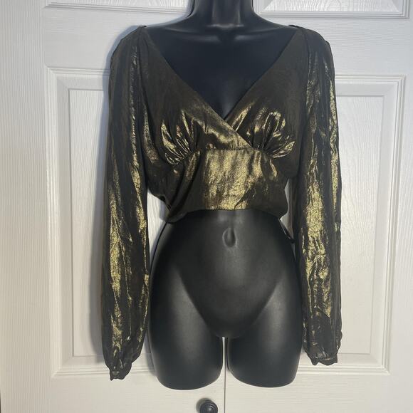 bebe Shirt Women XS Gold Metallic Wrap Tie Crop Top Long Sleeve V Neck Party - Picture 1 of 8
